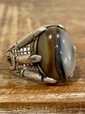 Sterling Silver Men's Statement Ring w/ Brown & Gray Cabochon Stone Dragon Claw